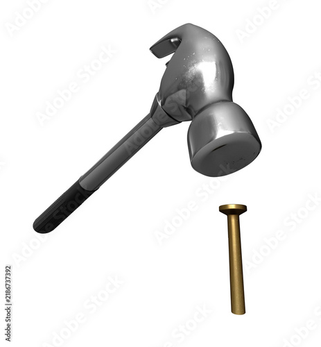Metal Hammer and Brass Nail Over Black Background - Construction Tool for Carpentry and DIY Repair