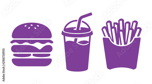Fast food icons set featuring burger drink and fries in purple fastfood junkfood restaurant unhealthy sandwich frenchfries beverage delicious appetizer