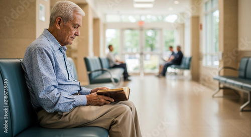 Older man reading a book while waiting in a hospital waiting room  