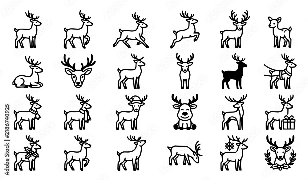 Fototapeta premium Christmas Reindeer Icon Set with Festive Deer Antlers Santa Hat and Holiday Symbols