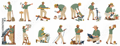Collection of flat vector illustrations depicting people in various outdoor field research, exploration, and nature conservation activities on a white background.
