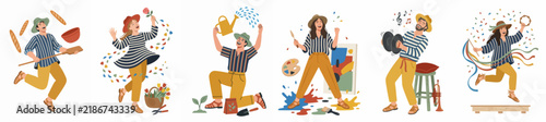 Set of diverse illustrations featuring people enjoying various creative hobbies like baking, gardening, painting, and music in a modern flat style.