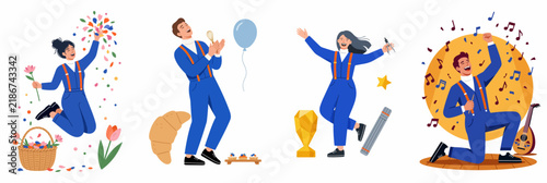Illustration Set of Happy People Celebrating Success, Achievements, and Creativity in Various Fields Wearing Blue Overalls