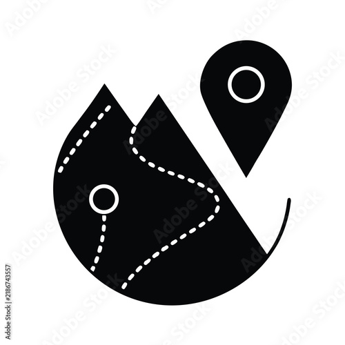 Travel path vector icon with mountains and location pin for navigation and tourism concepts
