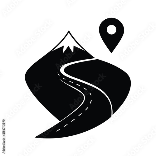 Travel path mountain vector icon with location pin for journey and navigation concept design