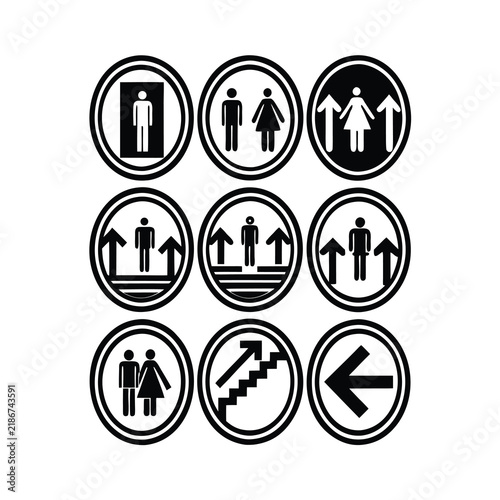 Wayfinding and directional icons set featuring people, stairs, and elevators for public signs