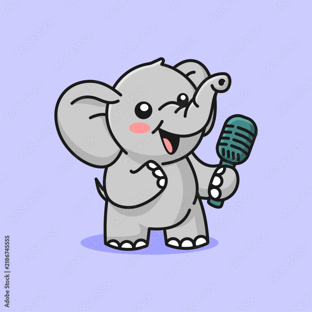Obraz premium Cute Elephant Singing with Microphone Cartoon Character