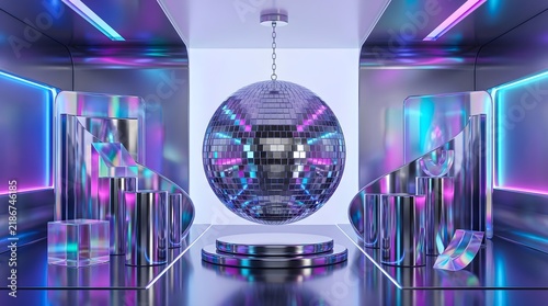 Futuristic Dance Party Scene with a Shiny Disco Ball and Geometric Podium Displays