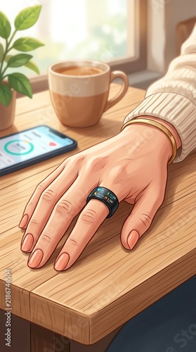 Close-up of Womans Hand with Ring and Coffee on Wooden Table.
