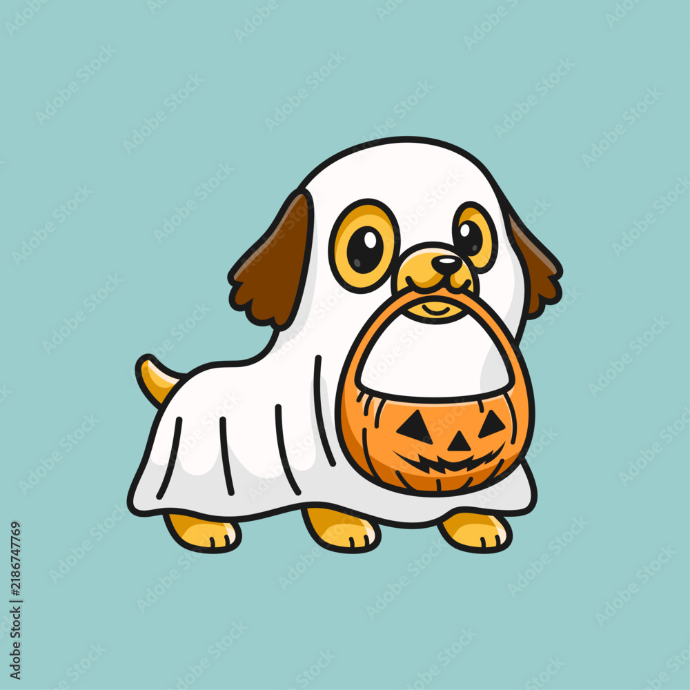 Obraz premium Funny Dog Wearing a Pumpkin Halloween Costume Cartoon