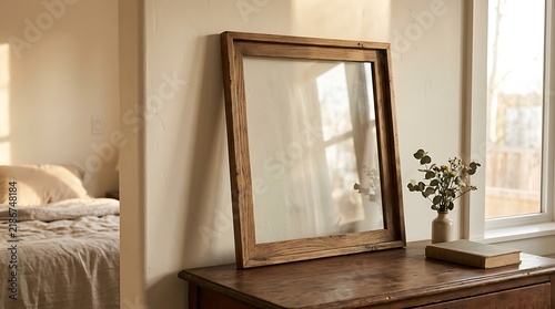 Empty wooden picture frame on a rustic wooden dresser in a cozy sunlit bedroom interior