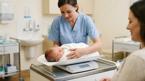 Nurse weighing newborn baby on digital scale in a hospital clinic room