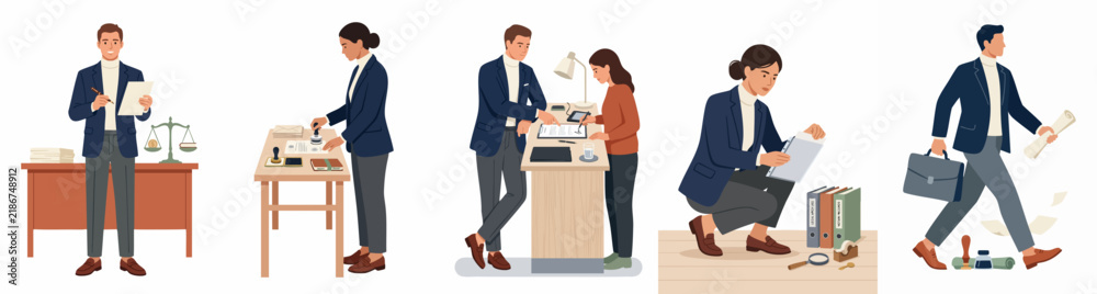 Fototapeta premium Set of vector illustrations depicting legal professionals like notaries and lawyers performing various office tasks and document processing.