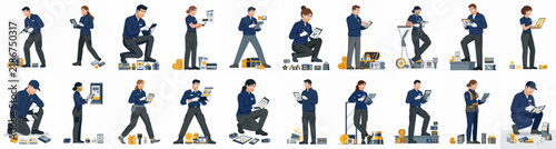 Comprehensive set of flat vector characters representing delivery and logistics workers in various poses carrying packages and using digital tablets on white background.