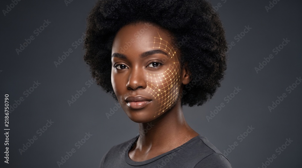 Obraz premium Black Woman Face with Digital Mesh Wireframe Glowing Grid for AI Skincare Tech