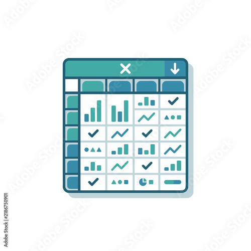 Detailed data spreadsheet icon with checkmarks and charts.
