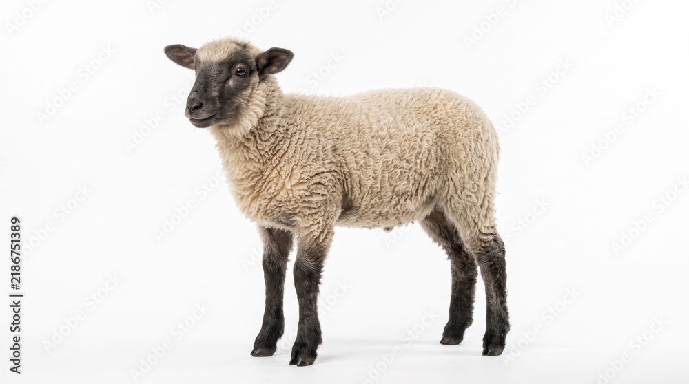 Fototapeta premium little sheep wearing a green knitted sweater standing