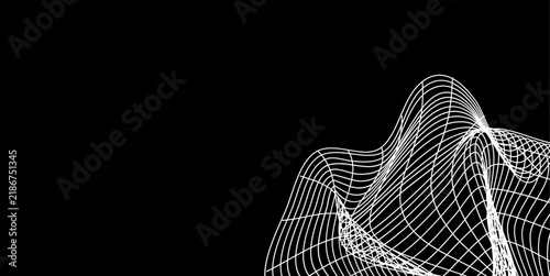 Abstract white wireframe wave and flowing geometric mesh structure on a black background