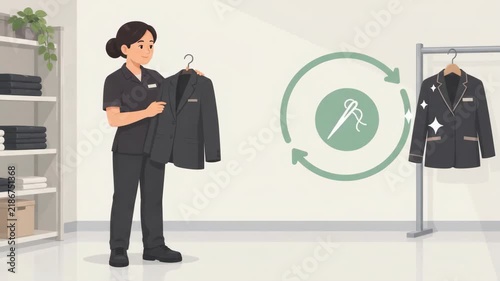 Hotel uniform repair and maintenance process animation showing damaged