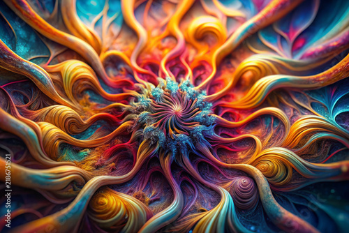 Vibrant colorful abstract fractal design with swirling twisted shapes and intricate patterns creating dynamic energetic visual effect