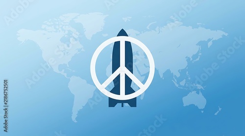 Conceptual illustration of a peace symbol combined with a missile against a world map background.