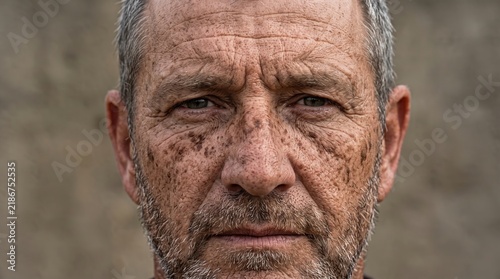 Front View Portrait of Senior Man with Deep Wrinkles and Sun Damage Lentigines