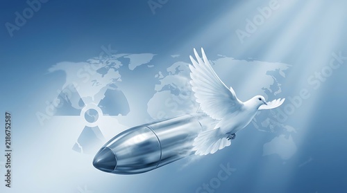 A white dove flying alongside a metallic bullet against a world map and nuclear symbol background.