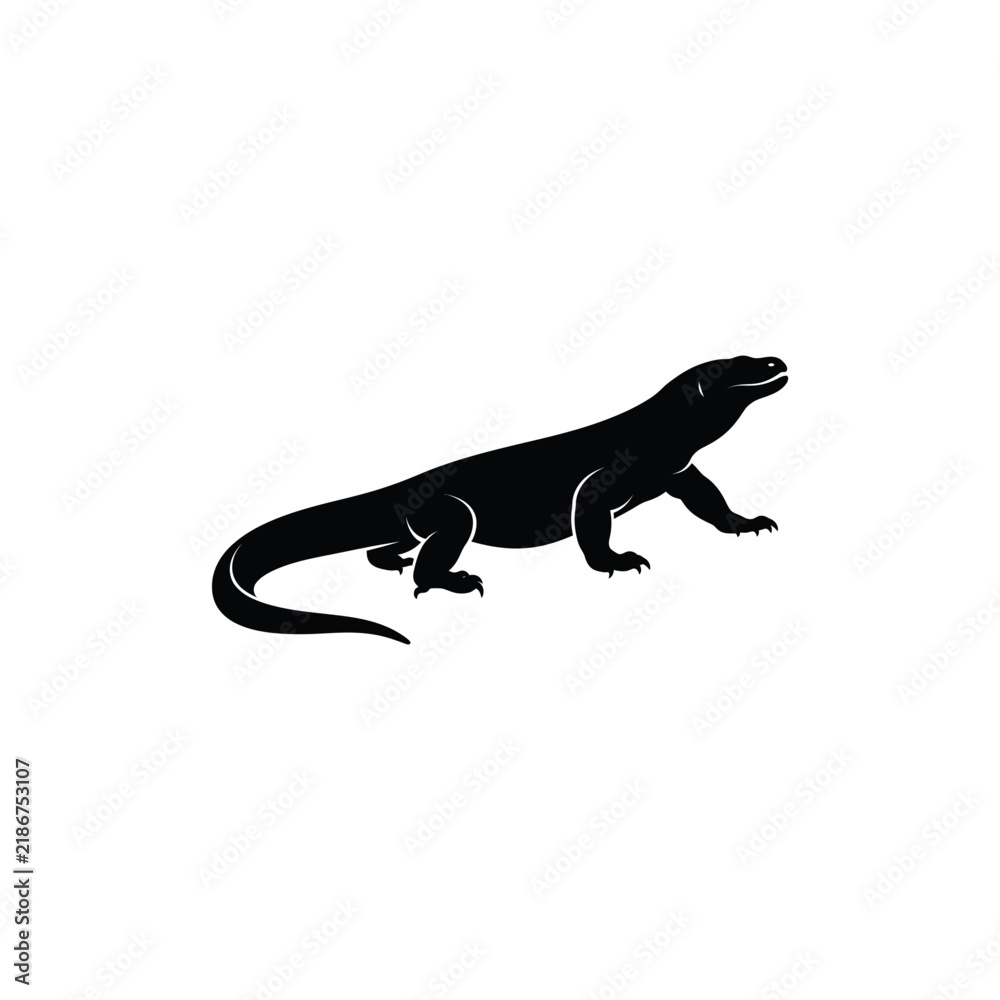 Fototapeta premium Black lizard silhouette walking with long tail, isolated reptile wildlife vector illustration for nature, logo and graphic design