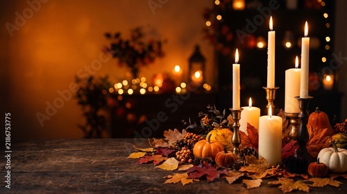Lit candles and autumn leaves on a rustic wooden table with warm bokeh background for fall decor