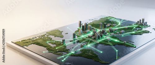 Smart city model on world map with green data connectivity lines representing global network and sustainable futuristic urban infrastructure development.