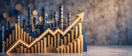 Stylized 3D industrial growth concept featuring miniature refinery papercraft with rising golden arrow and bar charts representing corporate financial success and manufacturing prosperity.