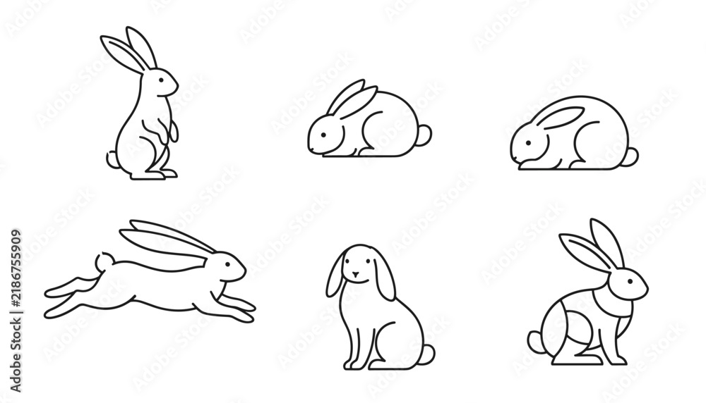 Fototapeta premium Set of six simple rabbit and bunny line art drawings in various poses including sitting, running, and standing up.