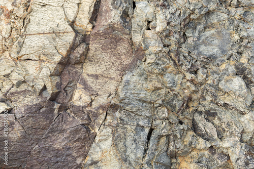Close-up view of a layered rocky cliff wall featuring varied stone textures, visible cracks and mineral veins. Suitable for geology, background, architecture and natural texture projects and design