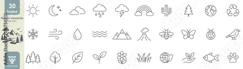Nature elements line icon set with sun, moon, clouds, rain, mountains, plants, animals, recycling and weather symbols editable stroke
