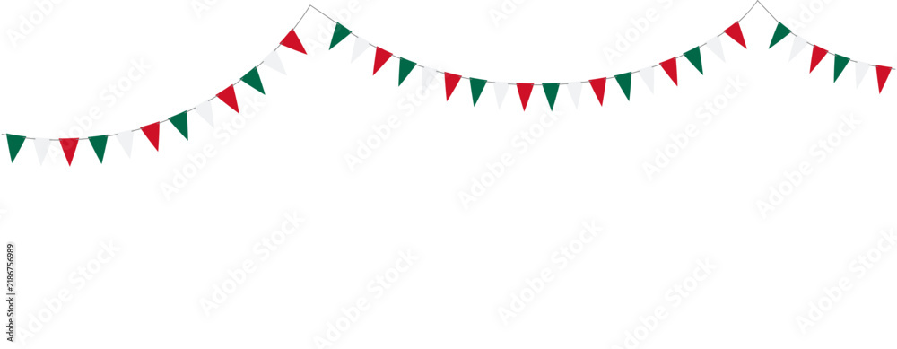 Obraz premium Mexican inspired pennant bunting in green, white and red for festive fiesta layouts, celebration cards, invitations, posters and banners.