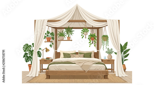 Принти на полотні Boho Canopy Bed with Potted Plants and Curtains