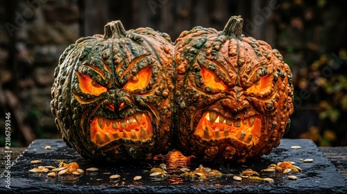 Two menacing carved jack-o'-lantern pumpkins glow ominously in the dark for Halloween night