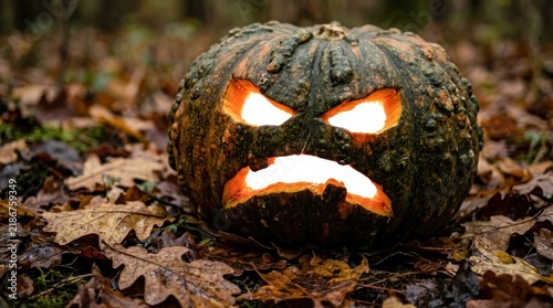 Scary glowing Halloween pumpkin jack-o'-lantern carved with a fierce expression sitting on dry autumn leaves in a dark forest