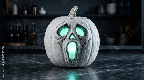 White carved Halloween pumpkin jack-o'-lantern with a screaming face and glowing green light