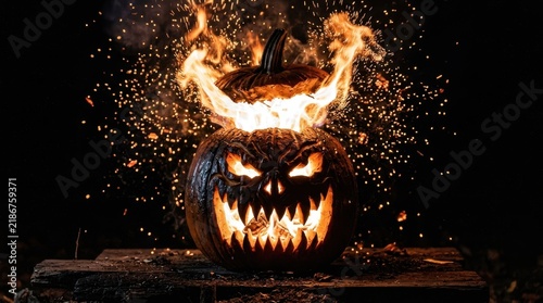 Scary Jack o lantern burning with bright flames and flying sparks in the dark for Halloween night