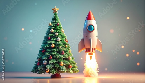 Decorated Christmas tree with shiny ornaments, space rocket liftoff.