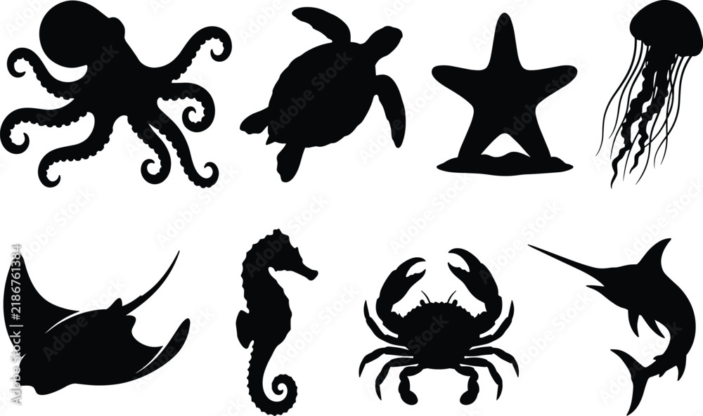 Obraz premium Sea Creatures Silhouette Set Octopus Turtle Crab Seahorse Jellyfish Vector Icons