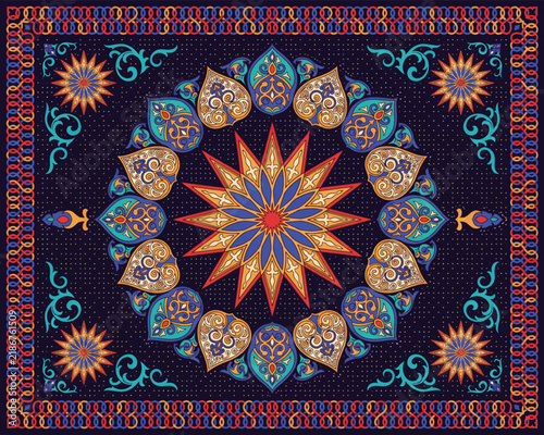 Oriental Mandala Ornament Pattern with Traditional Turkish Carpet and Thai Style Floral Mosaic Design for Colorful Decorative Wallpaper