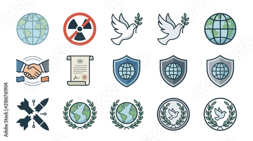 Collection of flat vector icons representing global peace and international diplomacy concepts.