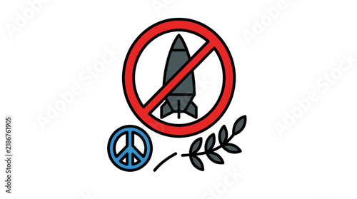 Anti-war concept illustration with a rocket crossed out and a peace symbol.