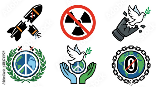 Collection of peace and anti-nuclear weapon icons and symbols for global harmony.