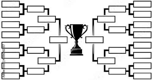Black and white vector bracket chart template featuring a central trophy for sports tournament planning designs