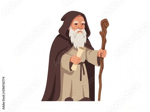 Elderly Monk in Dark Hooded Cloak and Beige Robe Character Vector Illustration , vector isolated on white