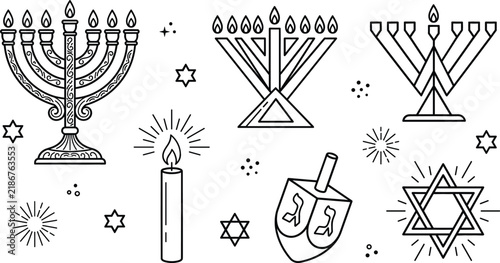 Fotografía Hanukkah jewish holiday celebration line art vector icons bundle featuring menor
