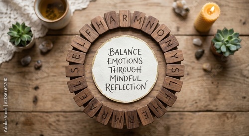 Wooden Tiles Form Circle with Self Harmony Message for Mindful Reflection